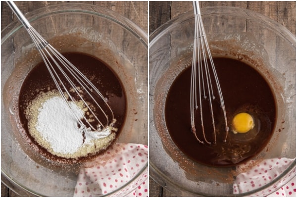 The sugar and egg added to the melted chocolate.