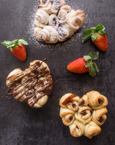 Puff Pastry Rose Hearts, a beautiful, fast and easy sweet recipe. Filled with chocolate, cream or jam they make the perfect dessert.