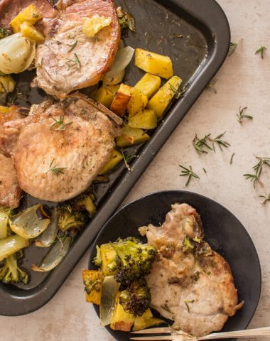 Sheet Pan Italian Pork Chops a fast, easy and healthy dinner recipe idea, veggies of choice make it a family favourite.
