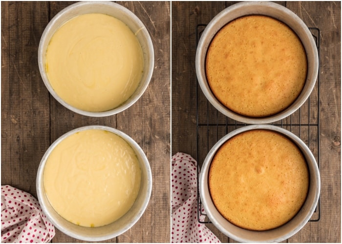 The cake in the pans before and after baked.