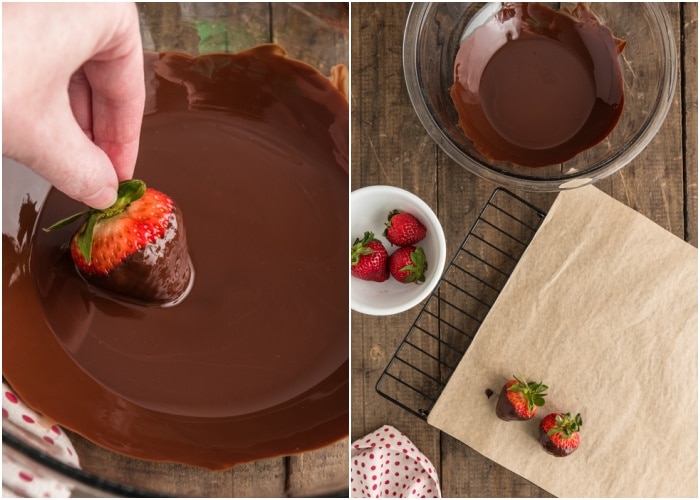 Dipping the strawberries in chocolate and placing on a lined baking sheet.