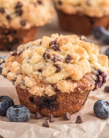 Up close blueberry streusel muffin.