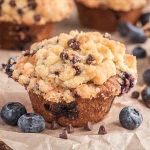 Up close blueberry streusel muffin.