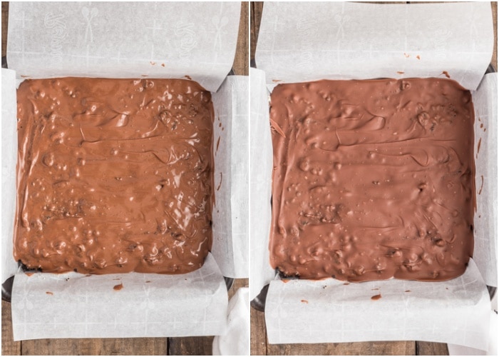 The melted chocolate on top before after chilled.