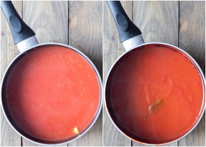 The tomato puree added, before and after thickened.