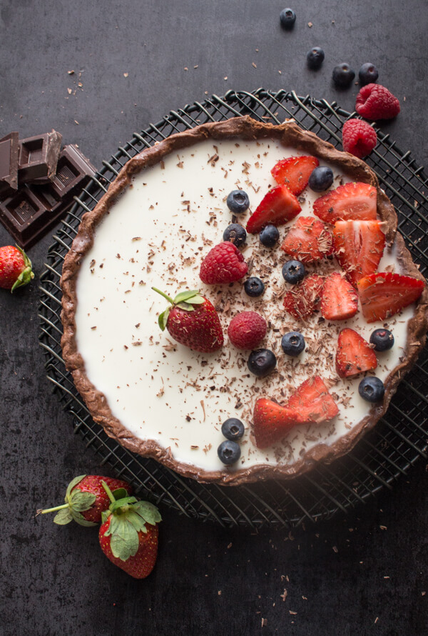 A fast and easy Chocolate Vanilla Berry Panna Cotta Tart. A delicious creamy, delicate Italian Dessert, a berry sauce makes it perfect.