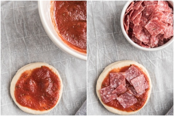 Adding the sauce and salami to the round.