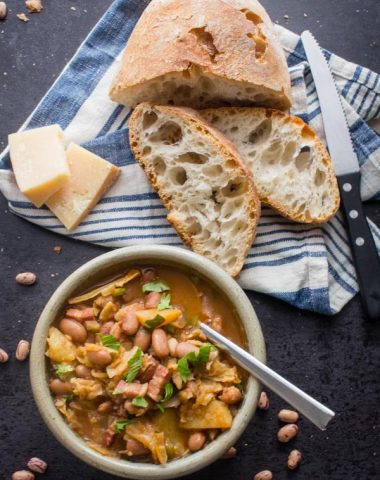 Italian Bean Pancetta Cabbage Soup, a delicious homemade healthy soup, made with dried beans, spices, cabbage & pancetta (bacon).Comfort Food.