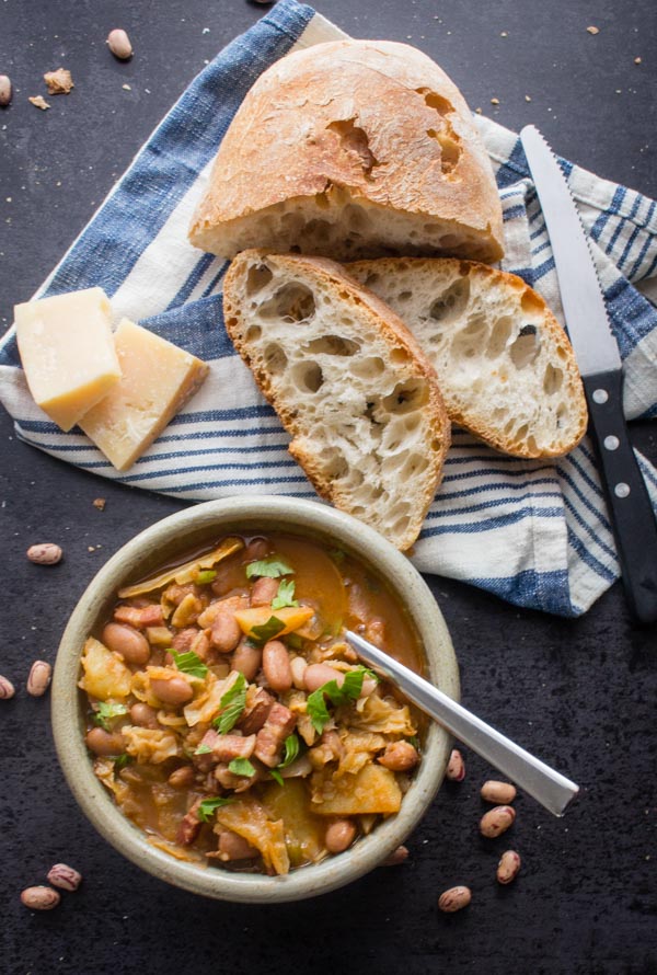 Italian Bean Pancetta Cabbage Soup, a delicious homemade healthy soup, made with dried beans, spices, cabbage & pancetta (bacon).Comfort Food.