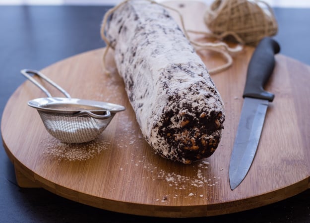 Chocolate Salame a delicious Italian Chocolate recipe, a fast and easy no bake sweet. Snack or Dessert the perfect treat.