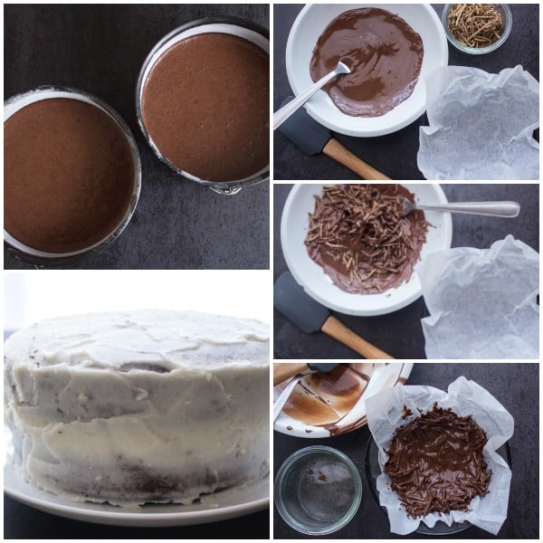 Chocolate Easter Egg Nest cake how to make cake batter, before and after baked and iced