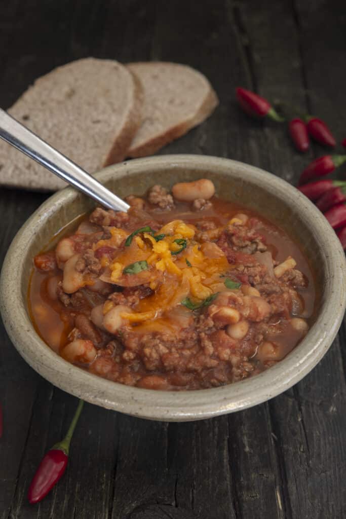 Chili in a grey bowl.