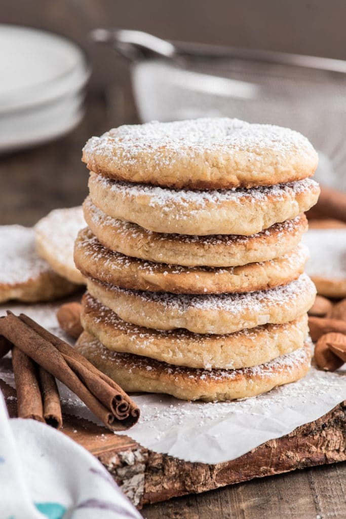 Cinnamon Welsh cakes stacked.