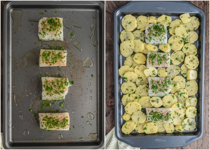 The fish and potatoes on a baking sheet.