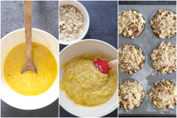 how to make banana muffins, mashed in the bowl, all mixed and in the tin ready for baking