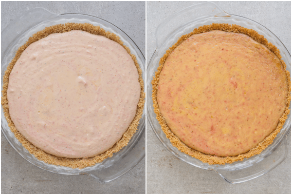 strawberry cheesecake ready to bake and baked
