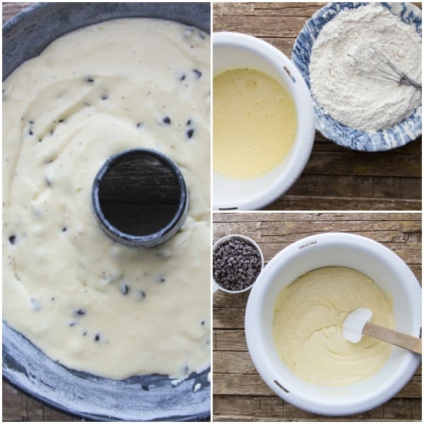3 photos ingredients and unbaked mix in bundt pan