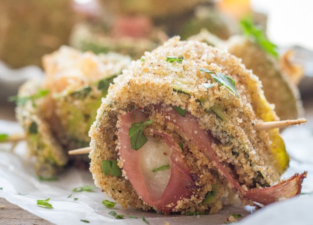 baked breaded zucchini roll ups close up