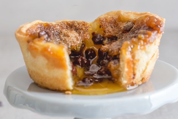 a chocolate chip butter tart cut open