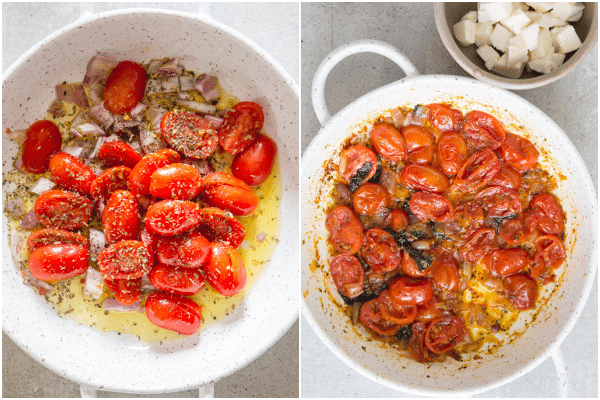caprese pasta how to make tomatoes in a pan with olive oil, tomatoes cooked in a white pan
