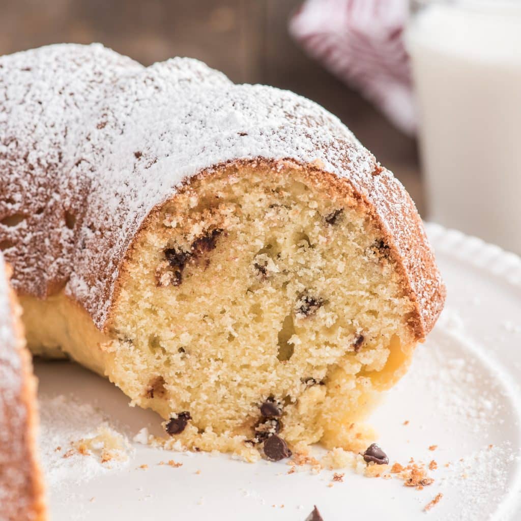 Cake cut on a white plate.