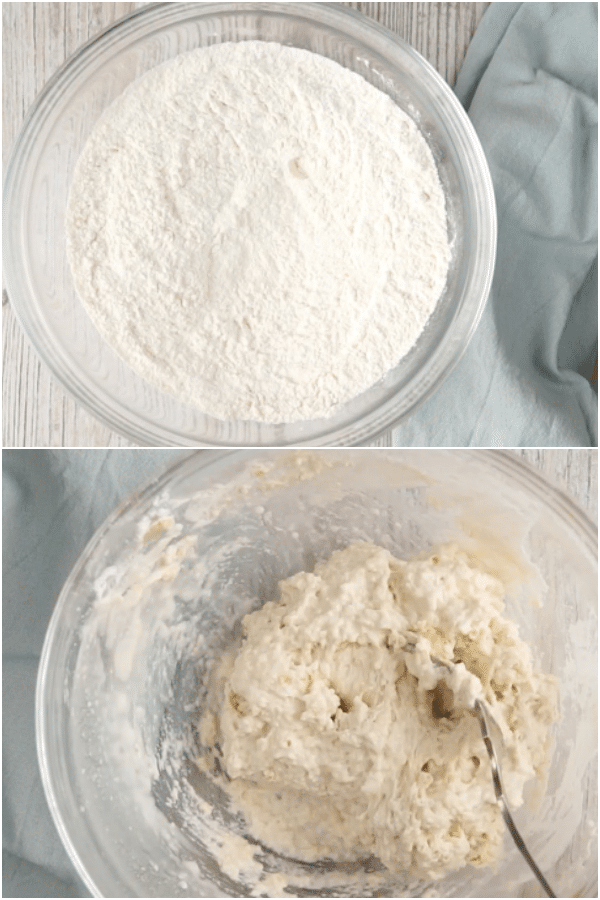 how to make bannock bread whisked flour in a bowl, and dough in a bowl mixed