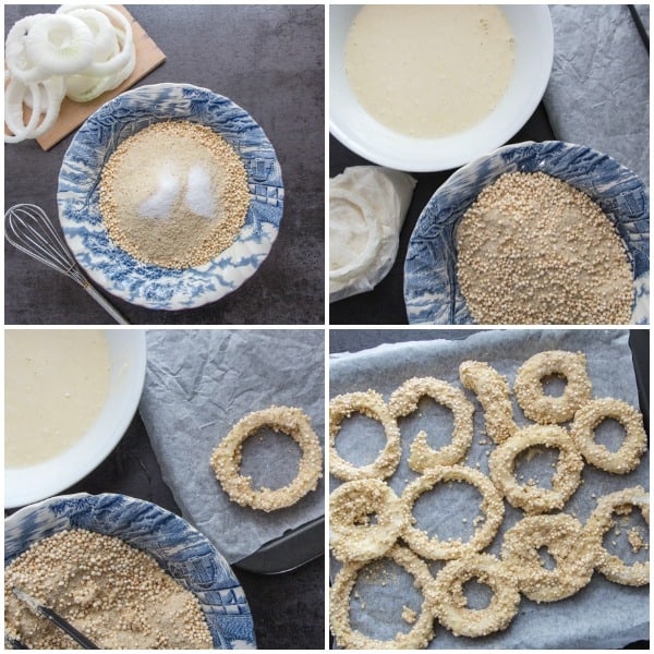 how to pictures of making crispy crunchy onion rings bread mixture, milk mixture, dipped onion rings and on a cookie sheet