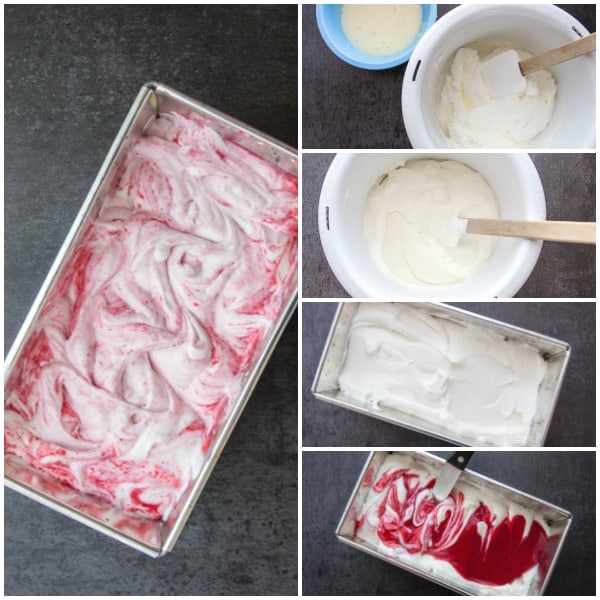 five photos of how to make raspberry ripple ice cream