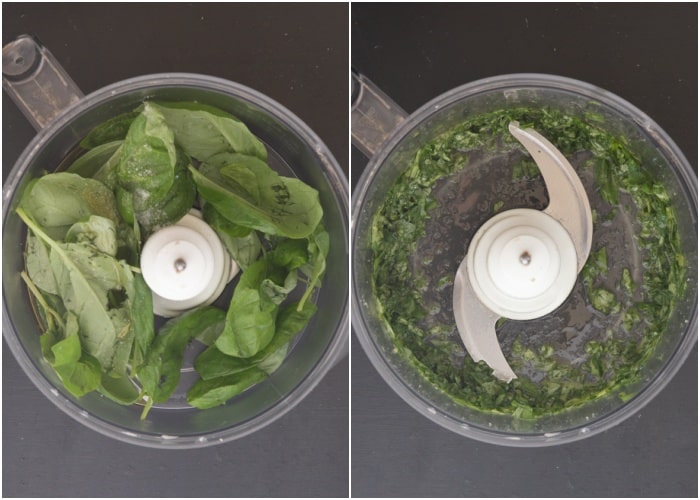 Basil leaves in the food processor before and after pulsed.