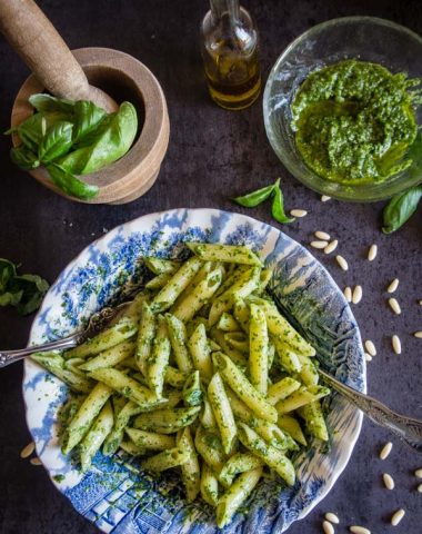 Classic Basil Pesto, an easy homemade delicious pesto recipe. Made in 5 minutes with fresh basil.