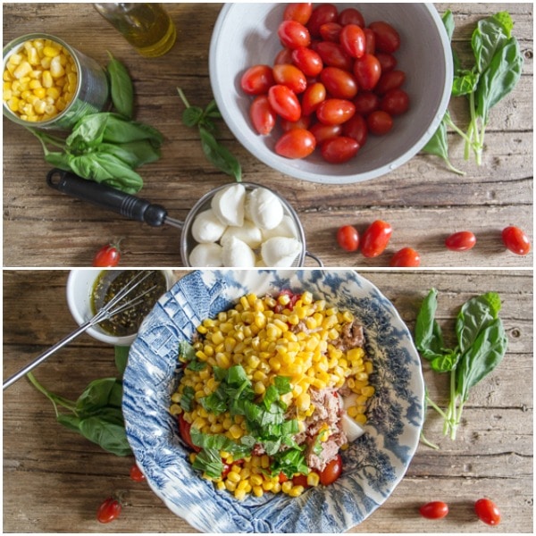 corn salad how to make, ingredients & mixed in a bowl
