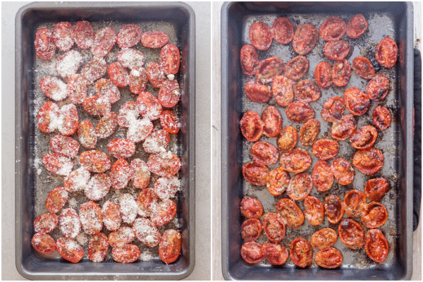 how to make roasted tomatoes ready for baking sliced with spices and parmesan and baked
