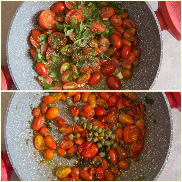 fresh grape tomato pasta before cooked and after
