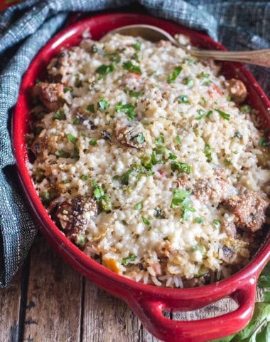 rice casserole in a red baking dish