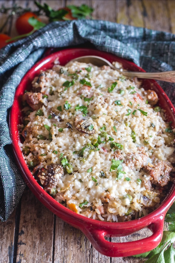 rice casserole in a red baking dish 