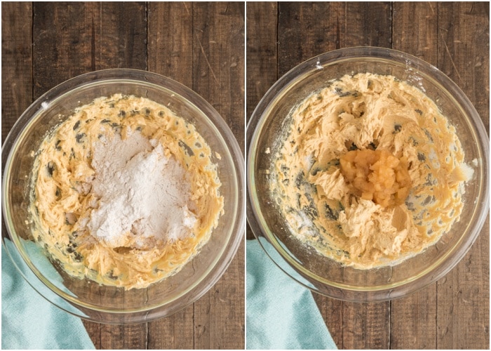 Adding the flour and applesauce.