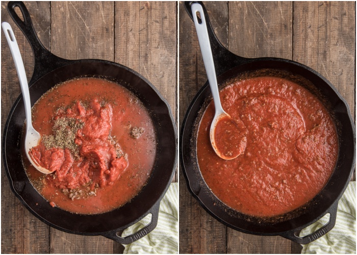 Making the sauce in the pan.