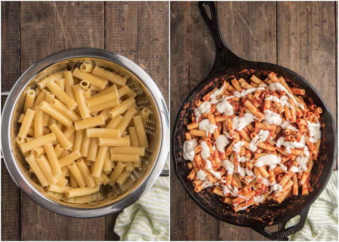 The al dente pasta and in the pan with the sauce and white sauce.