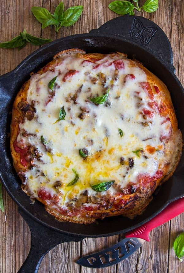 top down photo of baked cast iron skillet pizza