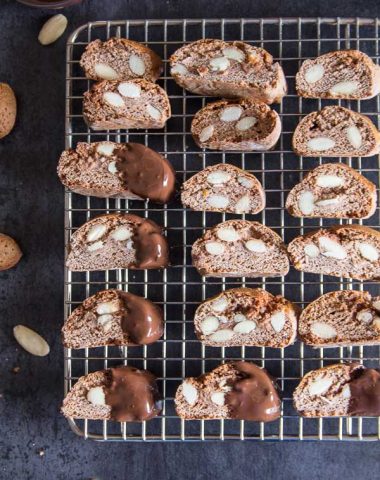 Chocolate Almond Biscotti, an Traditional Italian chocolate cookie, made with roasted almonds and honey. The perfect holiday cookie.