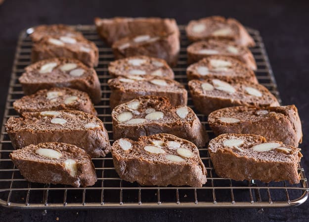 chocolate almond biscotti on a wire wrack