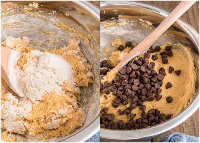Adding the dry ingredients and chocolate chips.