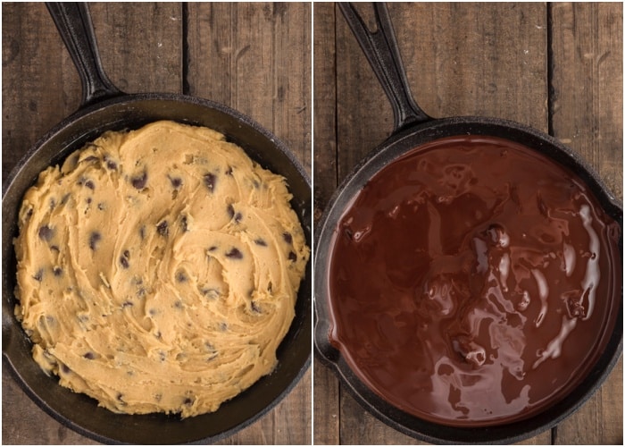 Half the dough in the pan and melted chocolate on top.