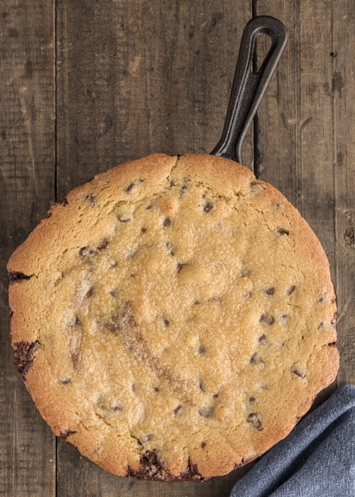The baked cookie in the pan.