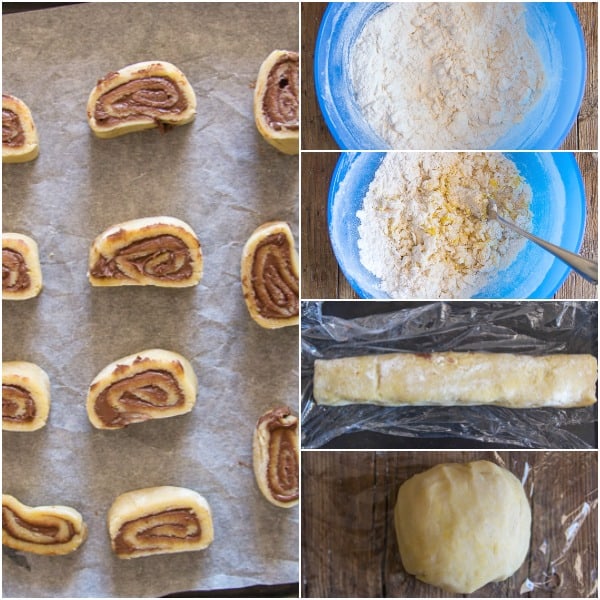 nutella pinwheel cookies how to make mixing the ingredients rolled dough, cut and ready for baking