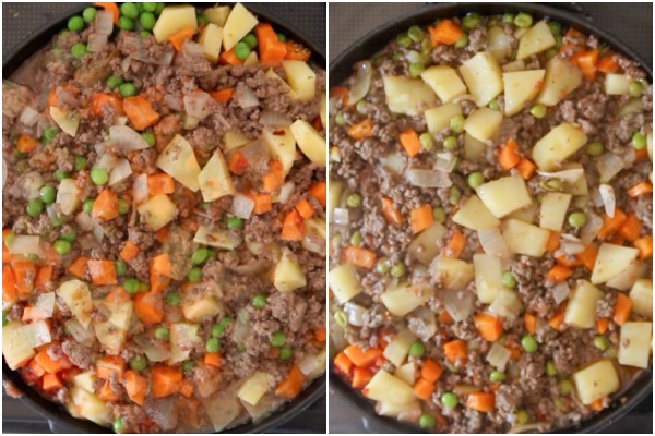Before & after cooking the hamburger pie mixture.