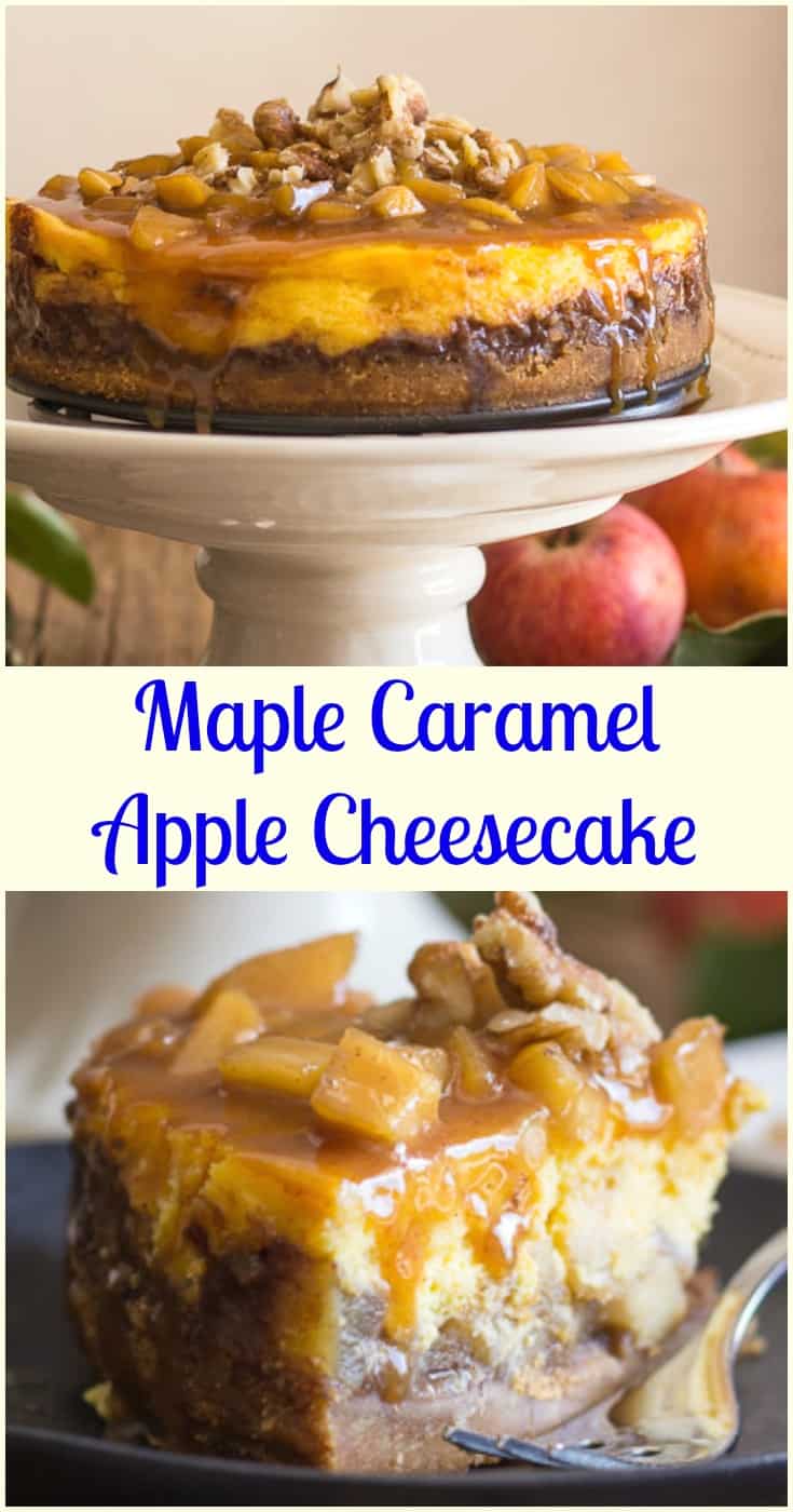 Maple Caramel Apple Cheesecake, an easy homemade dessert recipe, a filling made with fresh apples, and a delicious pecan caramel topping. #cheesecake #caramel #apple #maple syrup #dessert