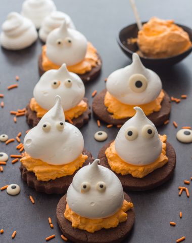 Meringue Ghost Chocolate Sugar Cookies, a delicious 3 layer Halloween treat, chocolate sugar cookie, a creamy filling and a meringue ghost.