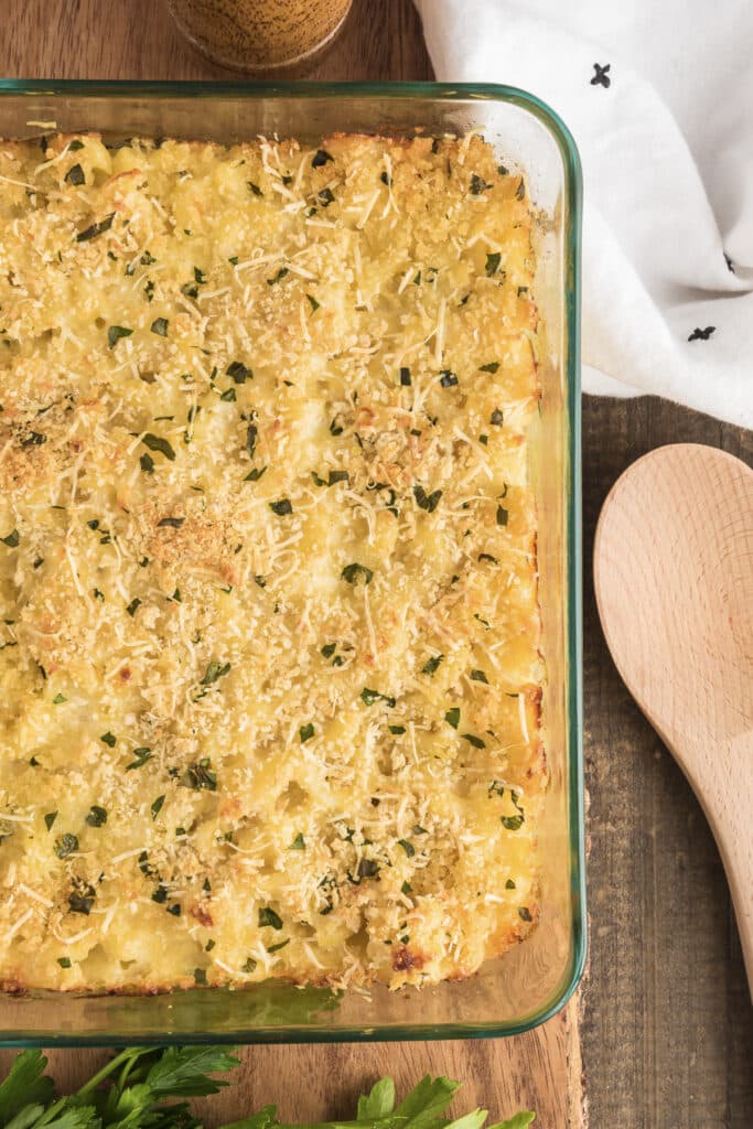 The baked mac & cheese in the pan.