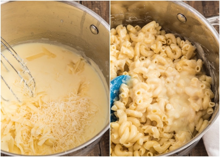 Adding the cheese and macaroni to the white sauce.